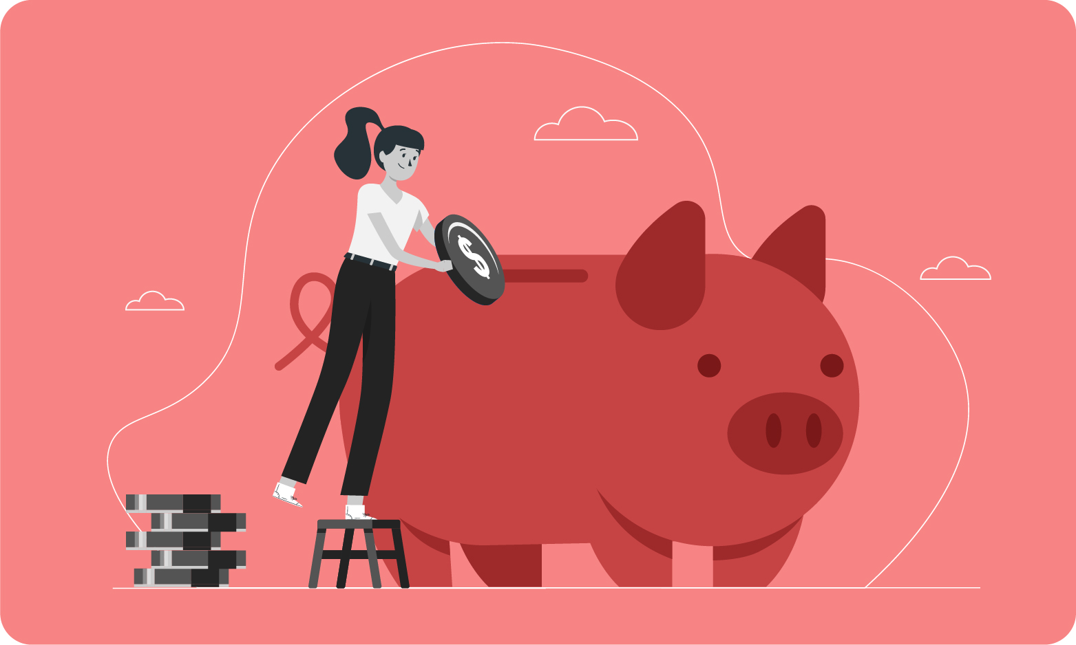 Mulher colocando dinheiro no porquinho.